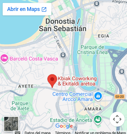 Mapa de Google Maps que muestra la ubicación de Kbiak Coworking & Ekitaldi aretoa en San Sebastián, situado cerca del Centro Comercial Arcco Amara y el Parque de Cristina Enea.